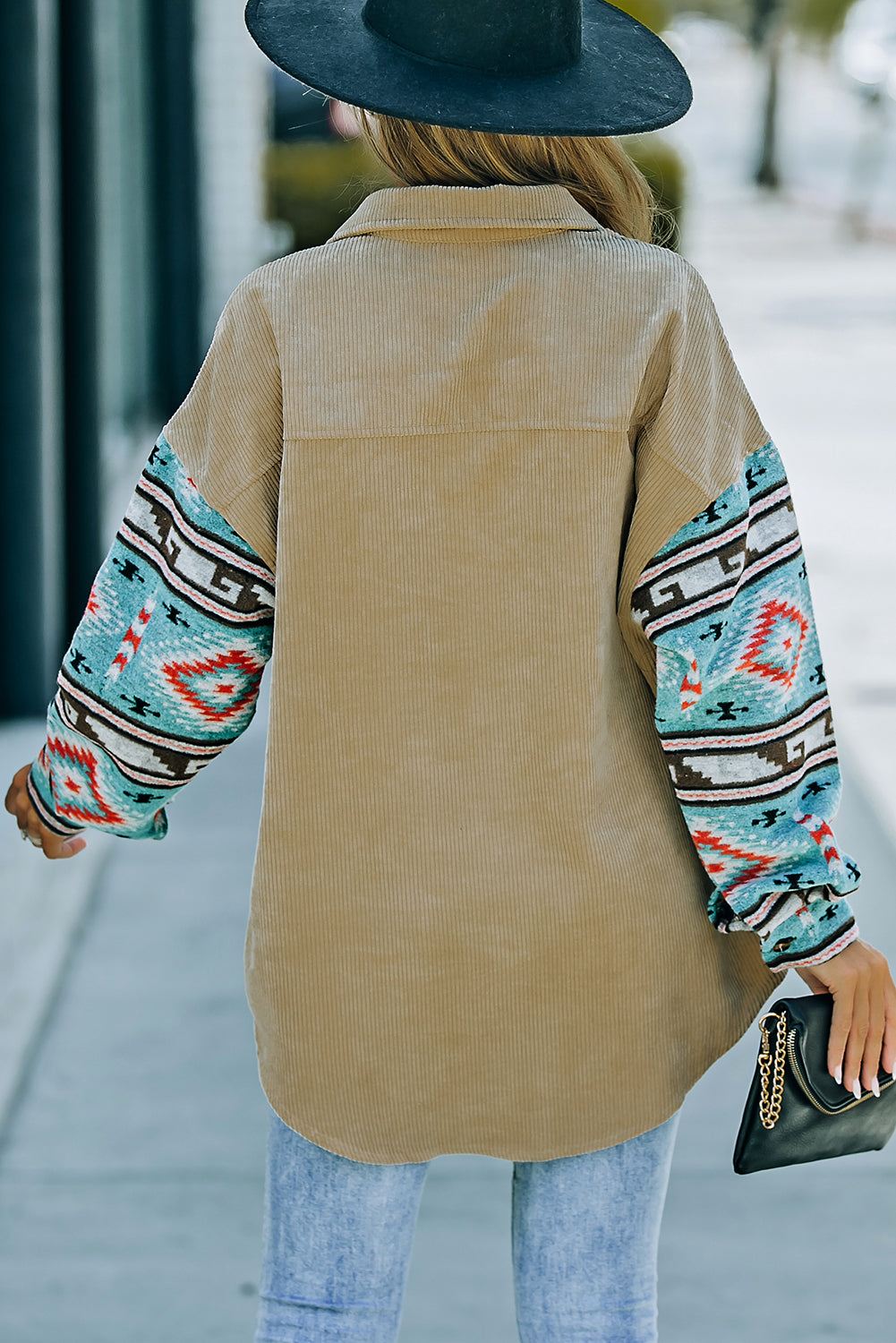 Gray  Aztec Pattern Sleeve Pocketed Corduroy Shacket
