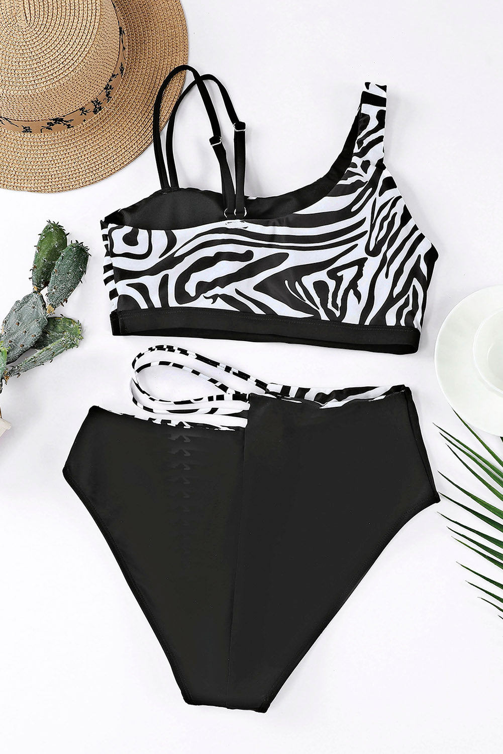 Black Asymmetric Strappy Zebra Print High Waist Bikini