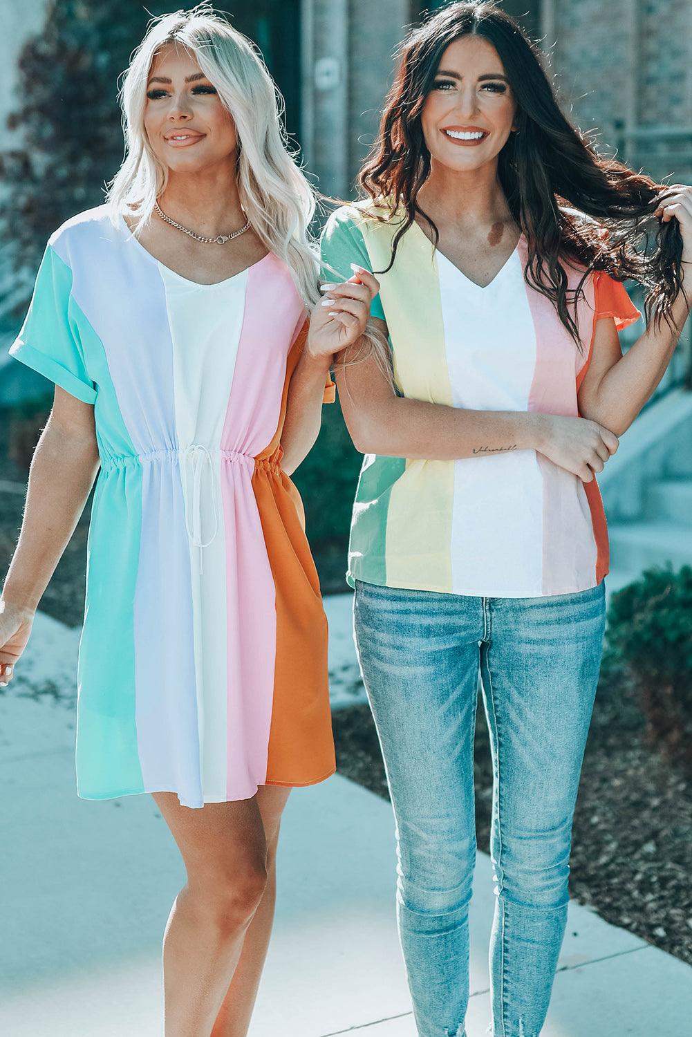 Color Block Tie Waist Rolled Short Sleeve Mini Dress with Pocket