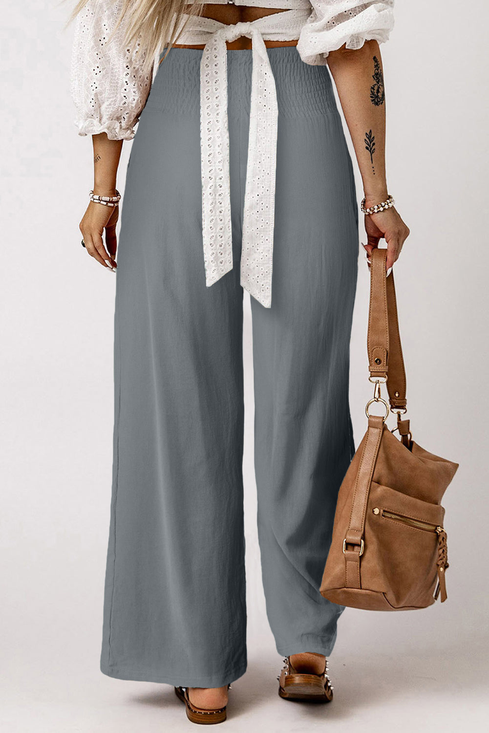 Black Smocked Wide Waistband High Waist Wide Leg Pants