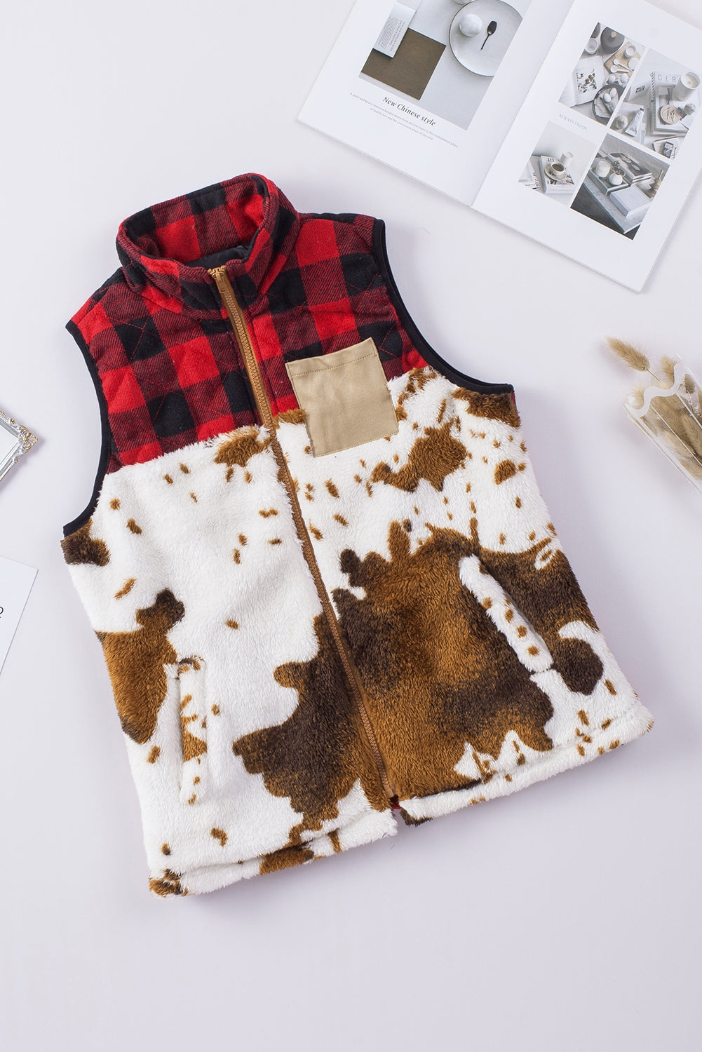 Brown Cow Print Buffalo Plaid Pocket Vest Coat