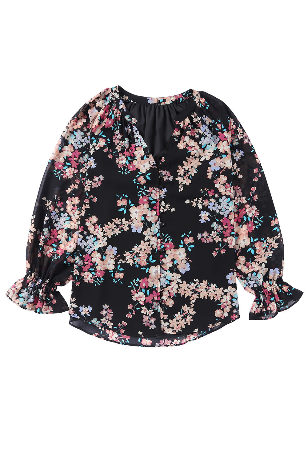 Black Plus Size Floral Print Lace Splicing Short Sleeve Blouse