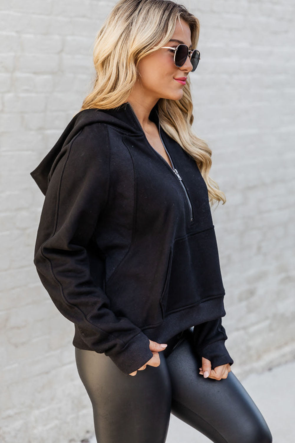 Black Half Zipper Kangaroo Pocket Plus Size Hoodie