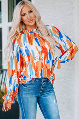 Multicolor Multicolor Printed Ruffle Trim Long Sleeve Top