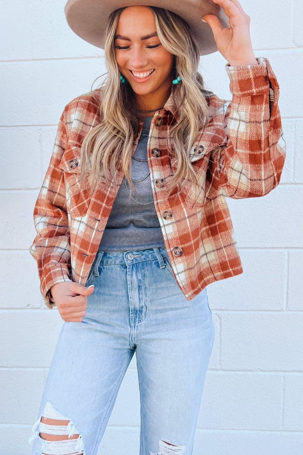 Orange Plaid Button-Up Flap Pocket Jacket