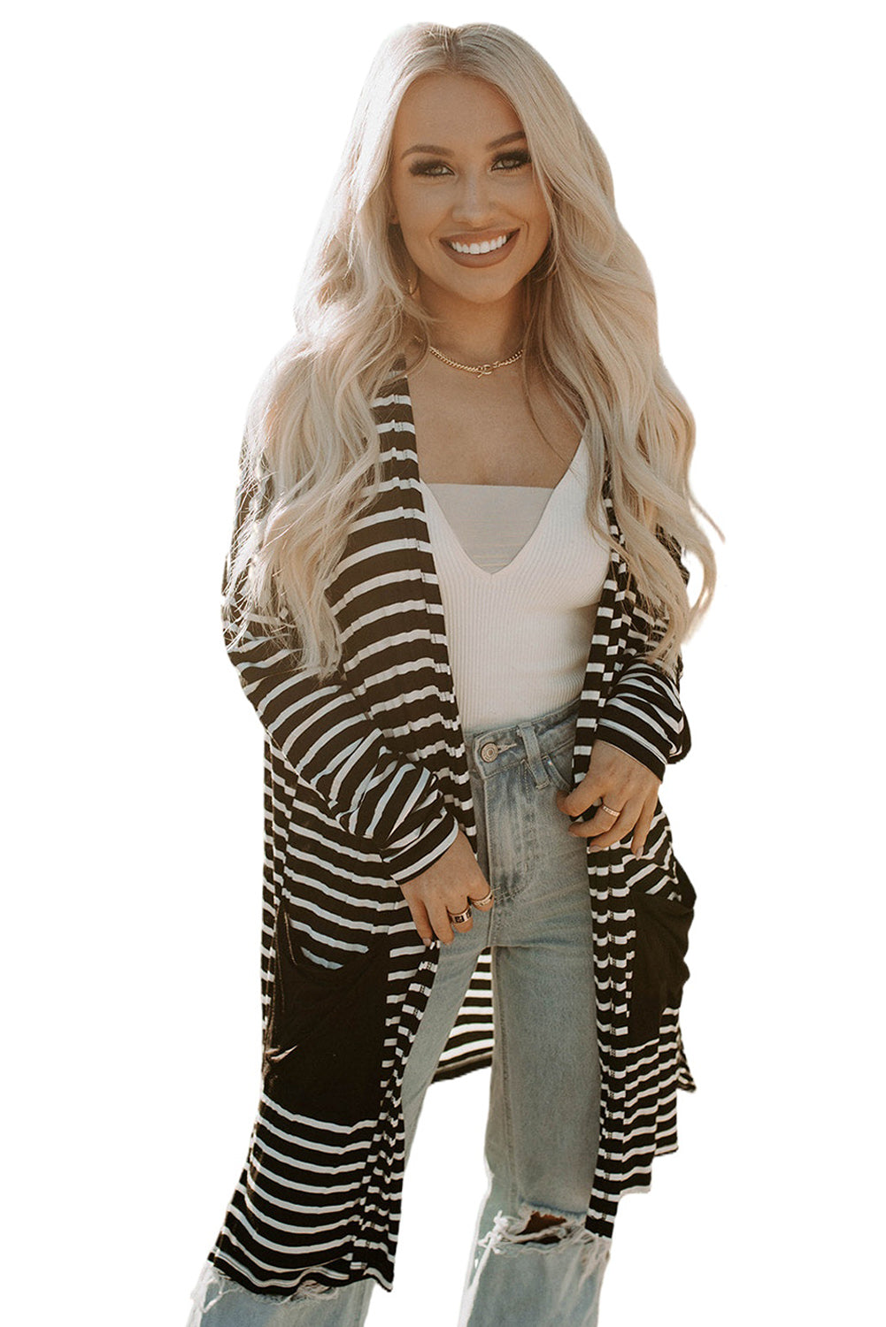 Black White Striped Pocketed Long Cardigan