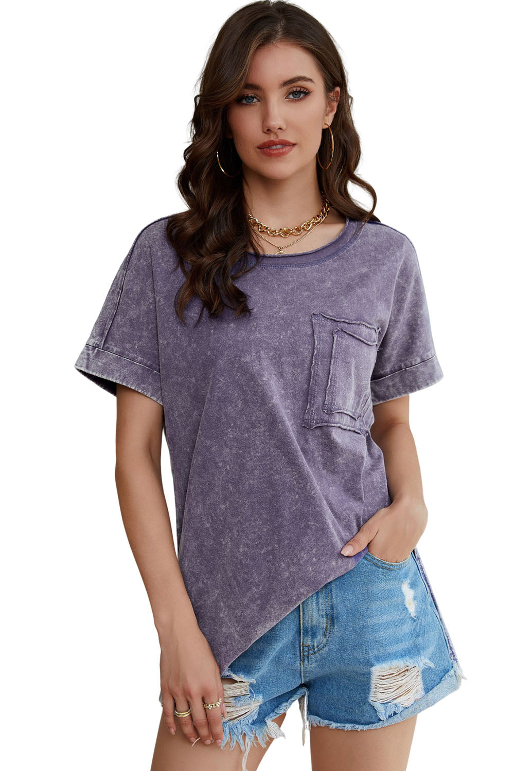 Gray Vintage Mineral Wash Pocketed Tee with Slits