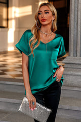 Green Satin V Neck Pocket Short Sleeves Top