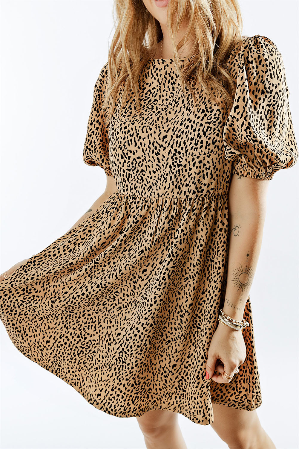 Leopard Animal Print Bubble Sleeve Babydoll Dress