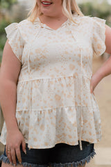 White Ruffled Floral Print Plus Size Top