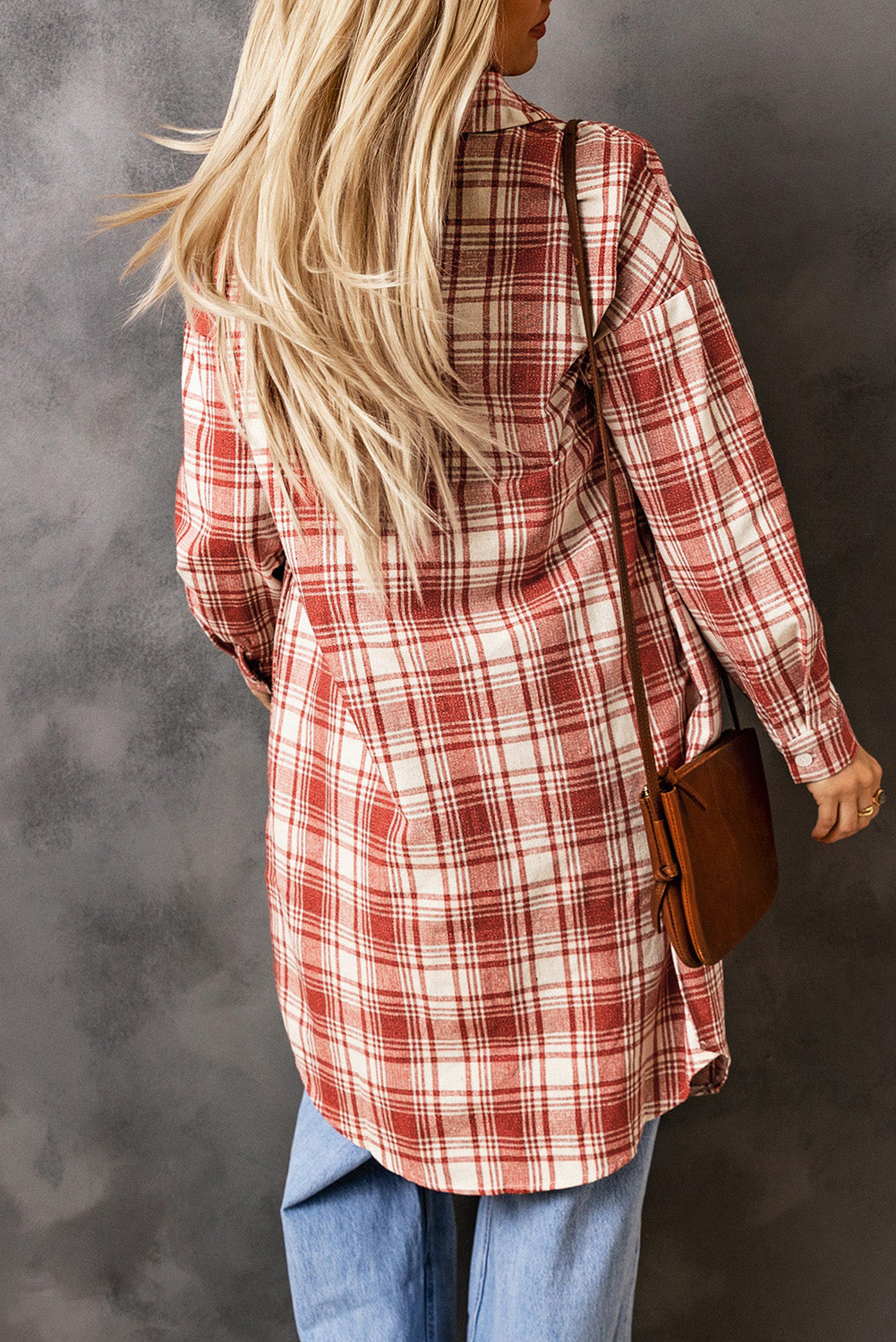 Red Plaid Print Button Long Shacket