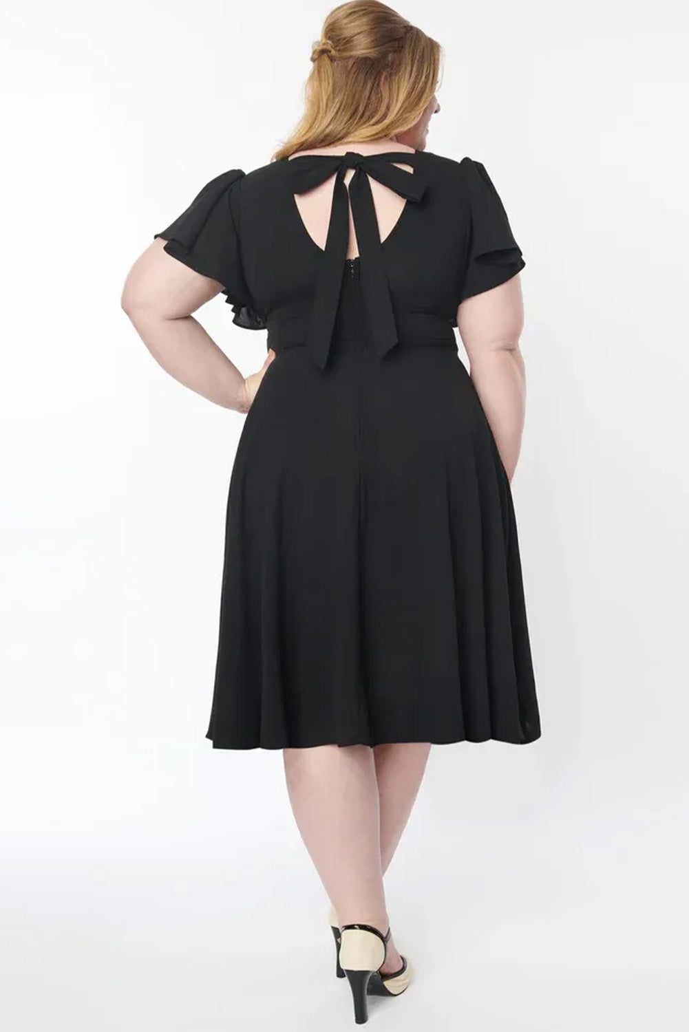 Black Plus Size Flutter Sleeve V Neck Midi Dress