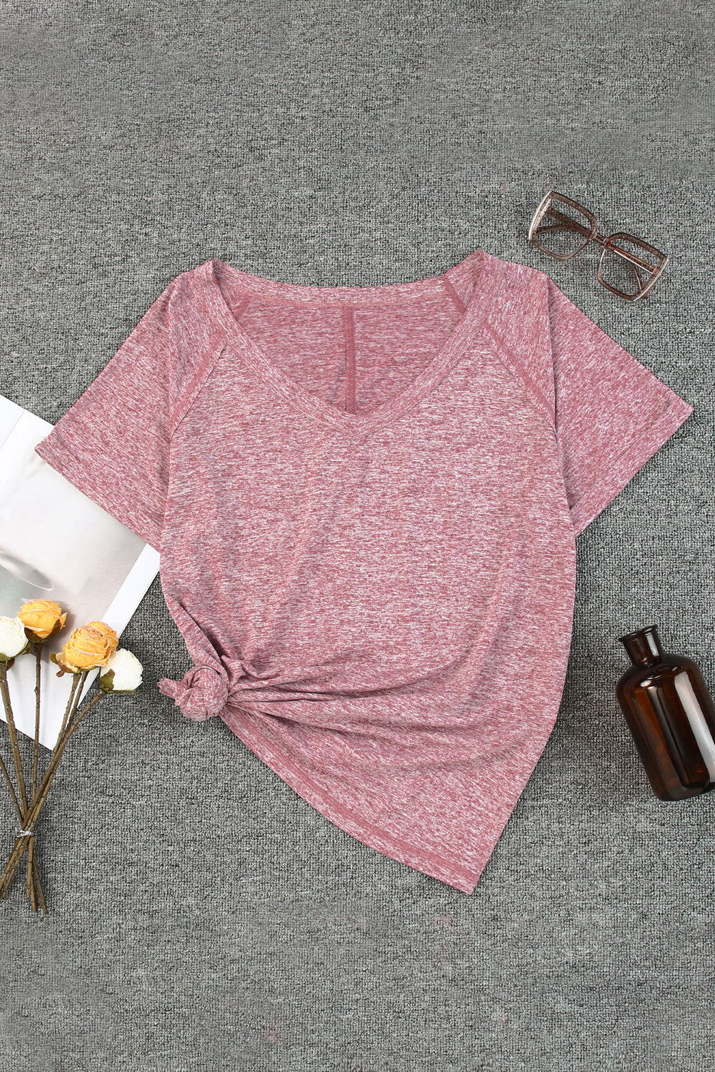 Pink Marble Print Seamed V Neck T-shirt