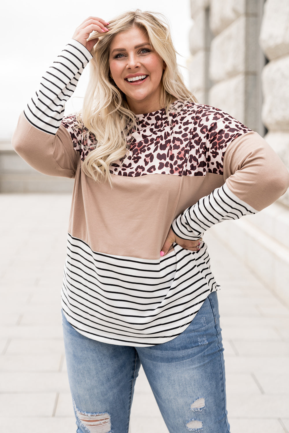 Stripe Leopard Colorblock Striped Long Sleeve Plus Size Top