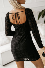 Black Square Neck Long Sleeve Lace Bodycon Mini Dress