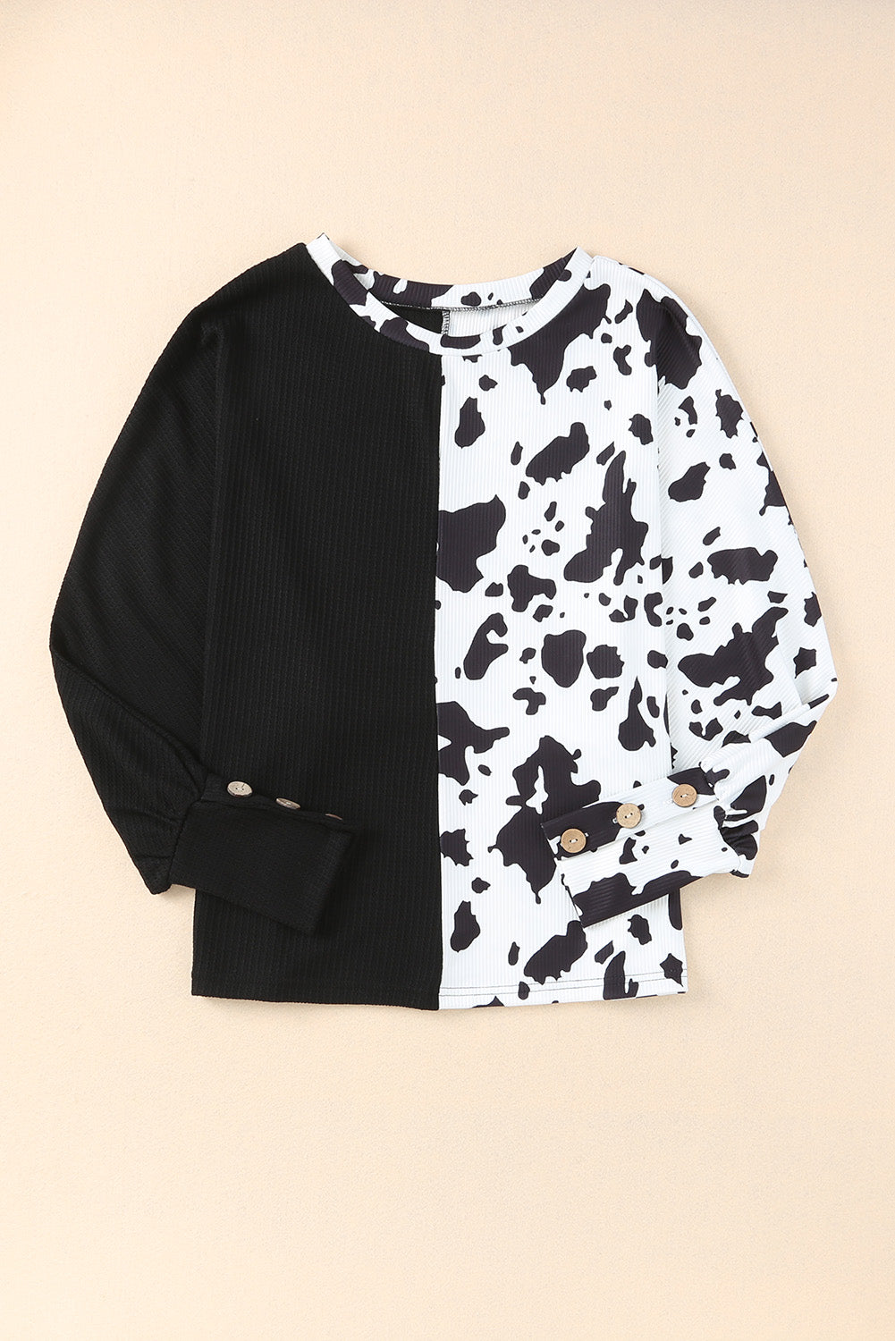 Black Cow Patchwork Waffle Knit Long Sleeve Top