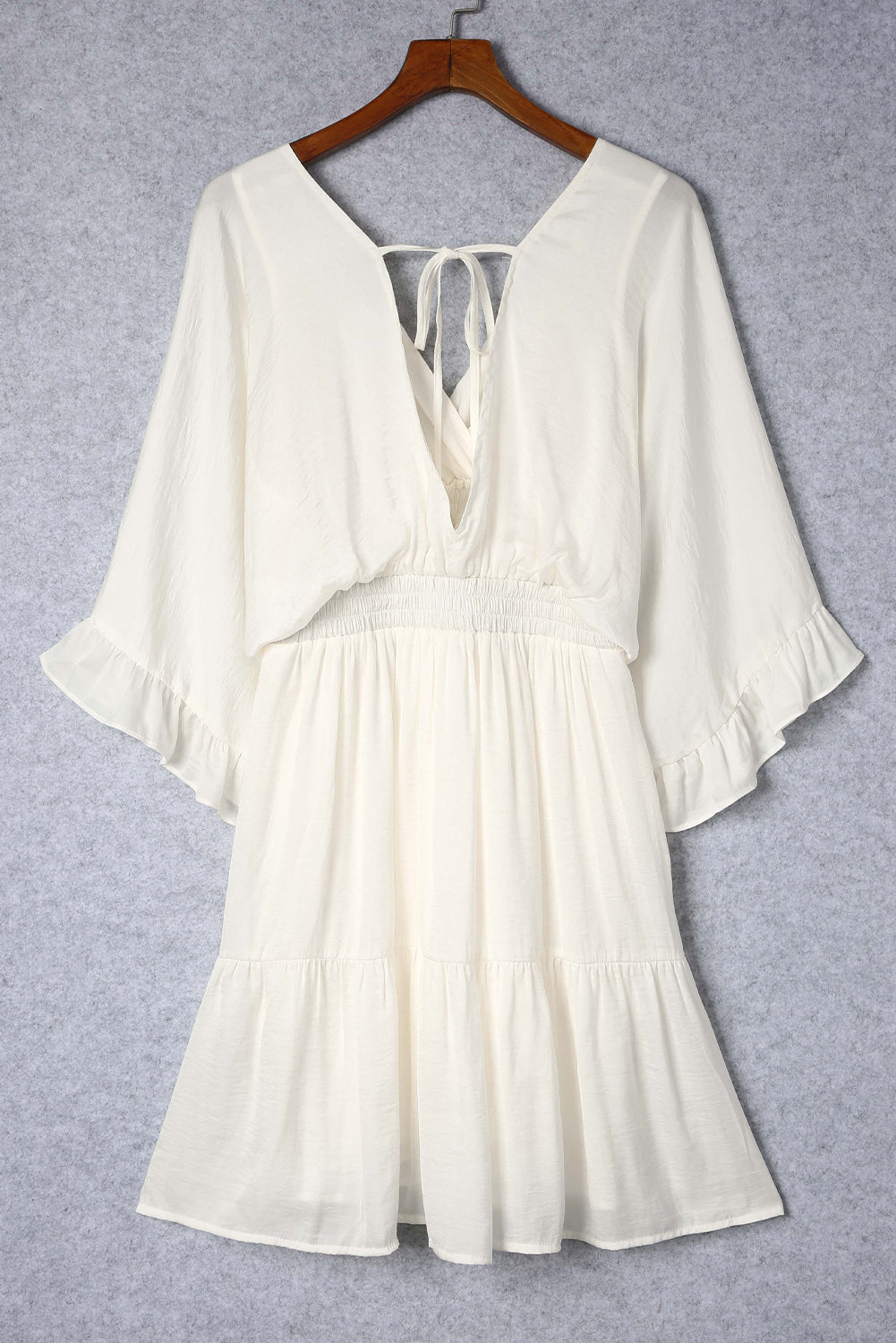 Beige V Neck Wrap Smocked Waist Ruffle Mini Dress
