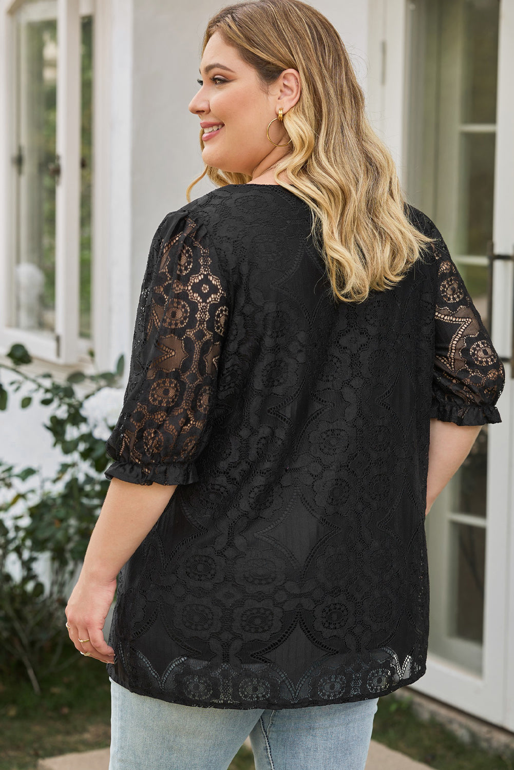 Black Plus Size Lace Crochet Square Neck Blouse