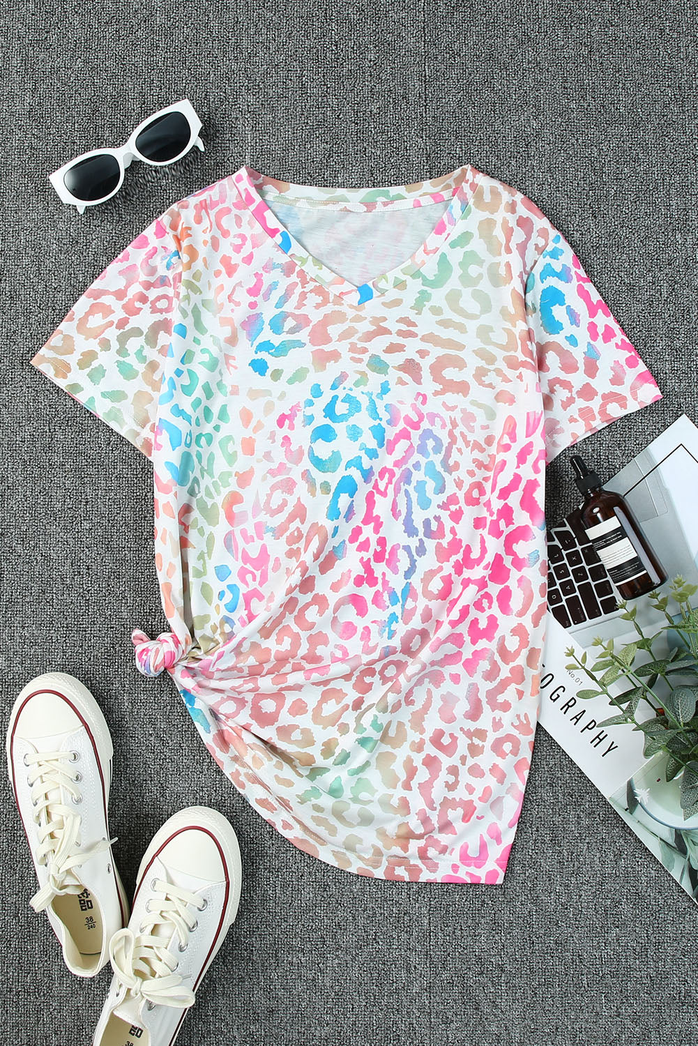 Colorful Leopard V Neck Short Sleeve Top