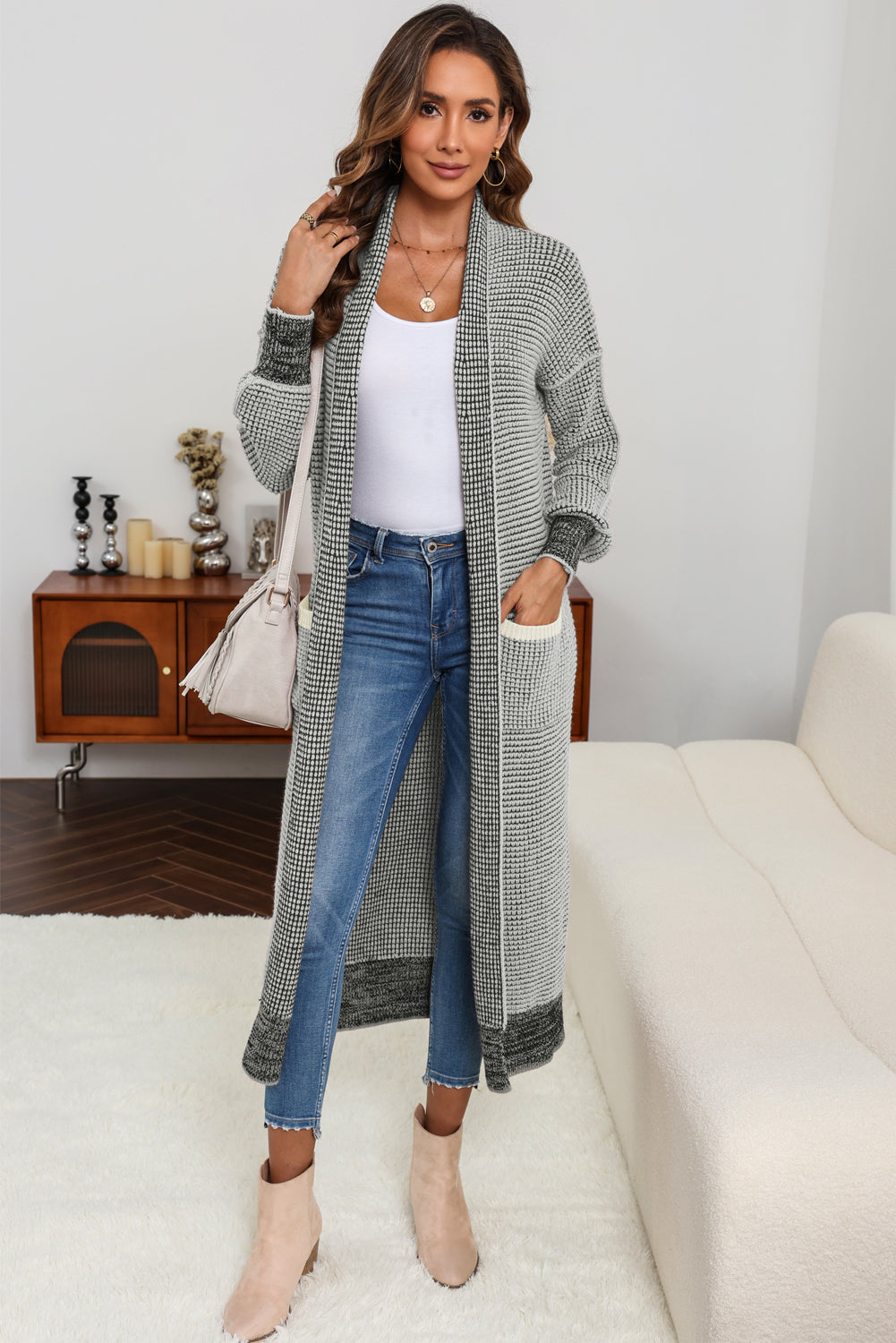 Grey Plaid Contrast Trim Open Front Cardigan