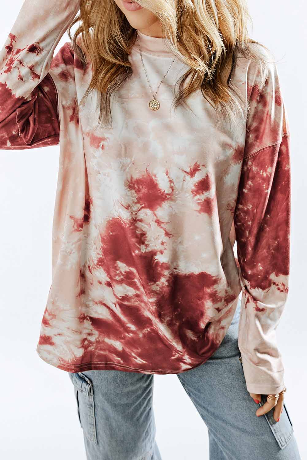 Red Tie Dye Crew Neck Long Sleeve Top