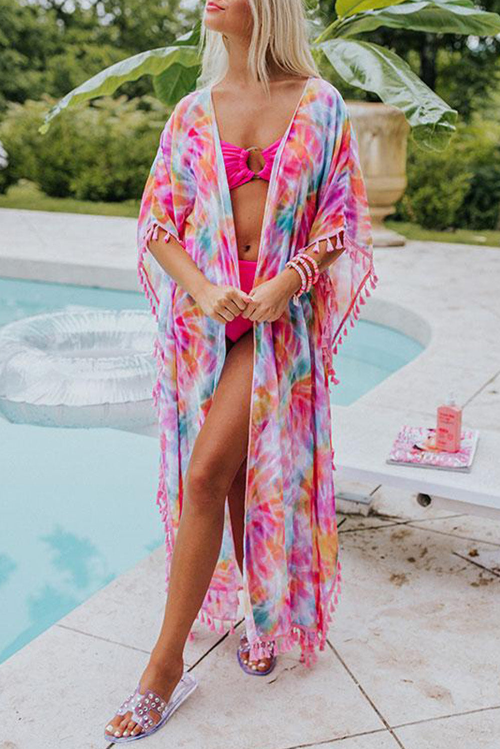 Multicolor Tie-dye Tassel Trim Kimono