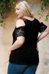 Black Floral Lace Cold Shoulder Plus Size Top