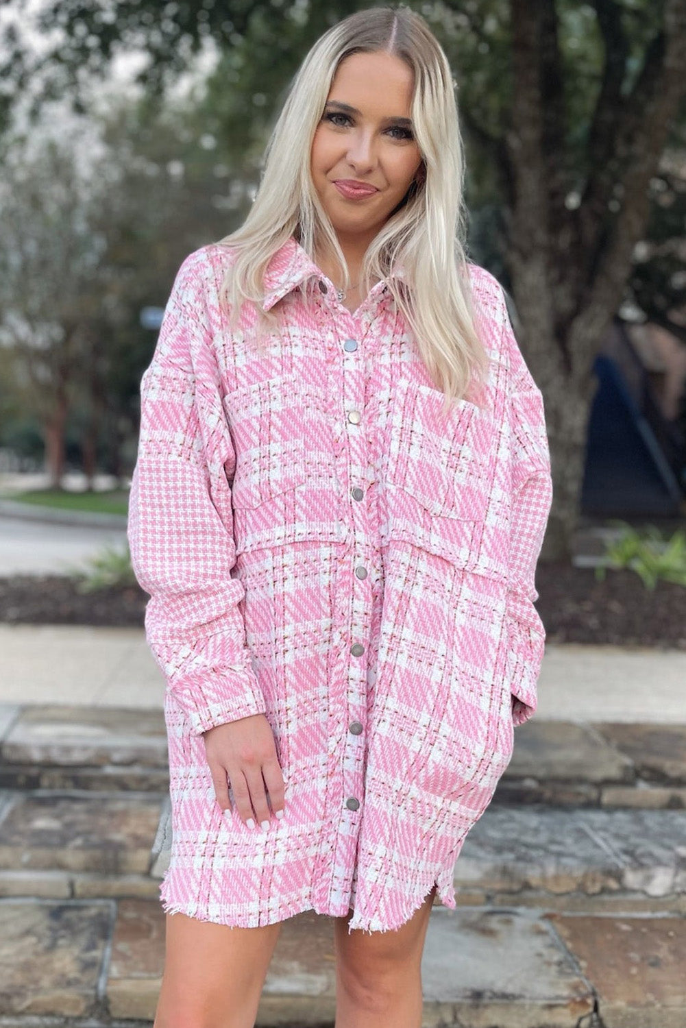 Pink Houndstooth Splicing Oversized Tweed Shacket