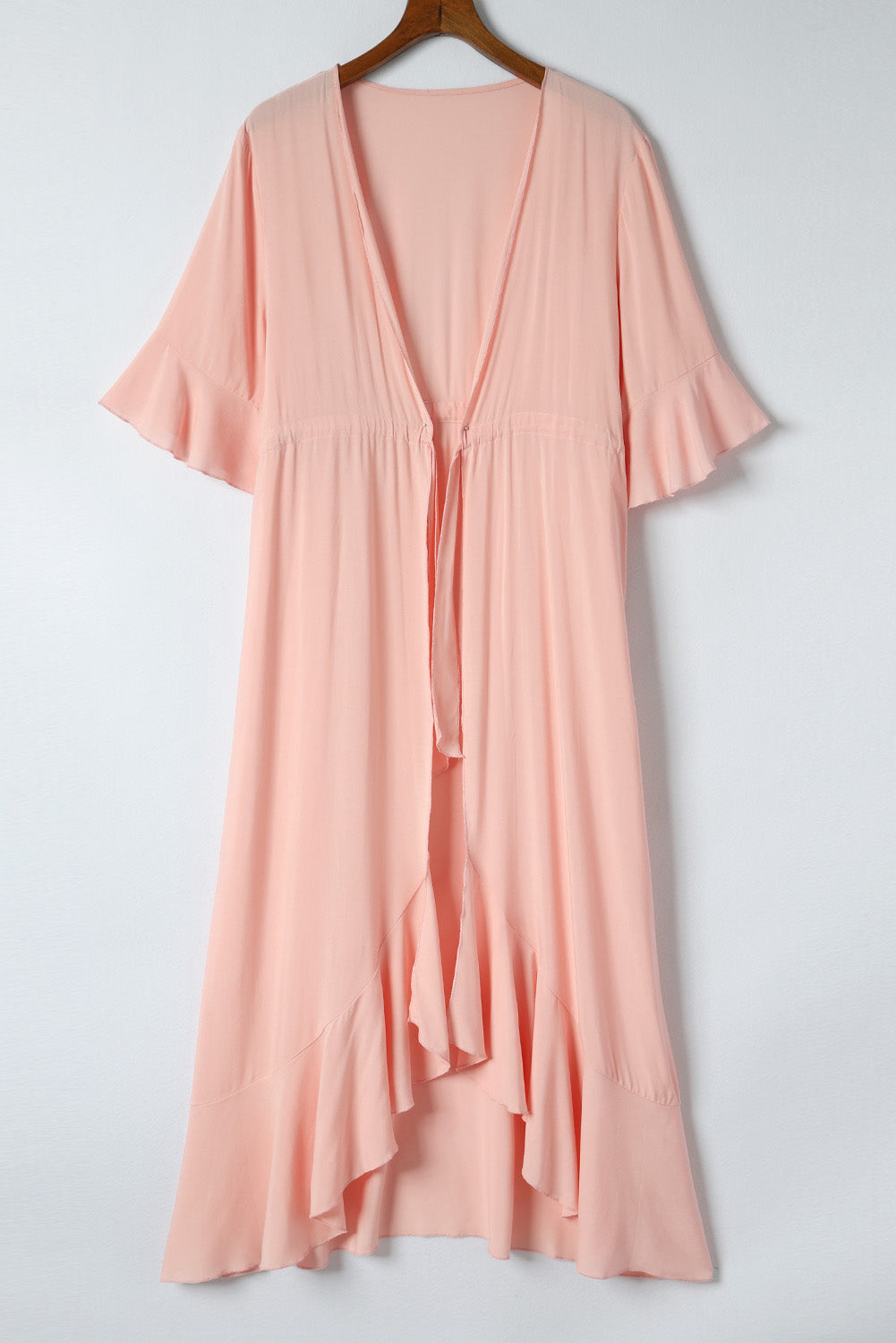 Pink Ruffle Half Sleeve Tie Front Flowy Beach Cover Up