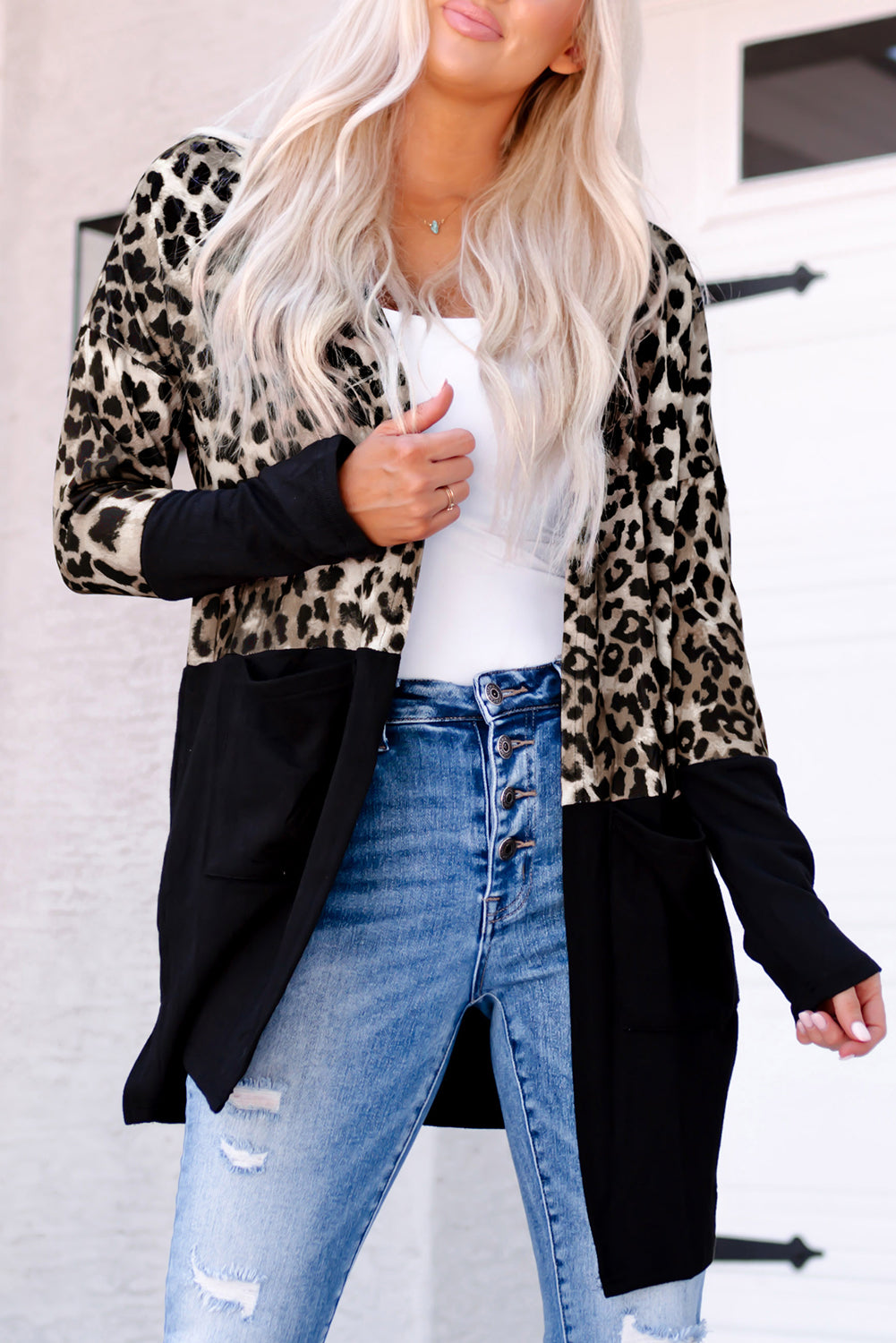 Black Leopard Print Patchwork Pocket Cardigan