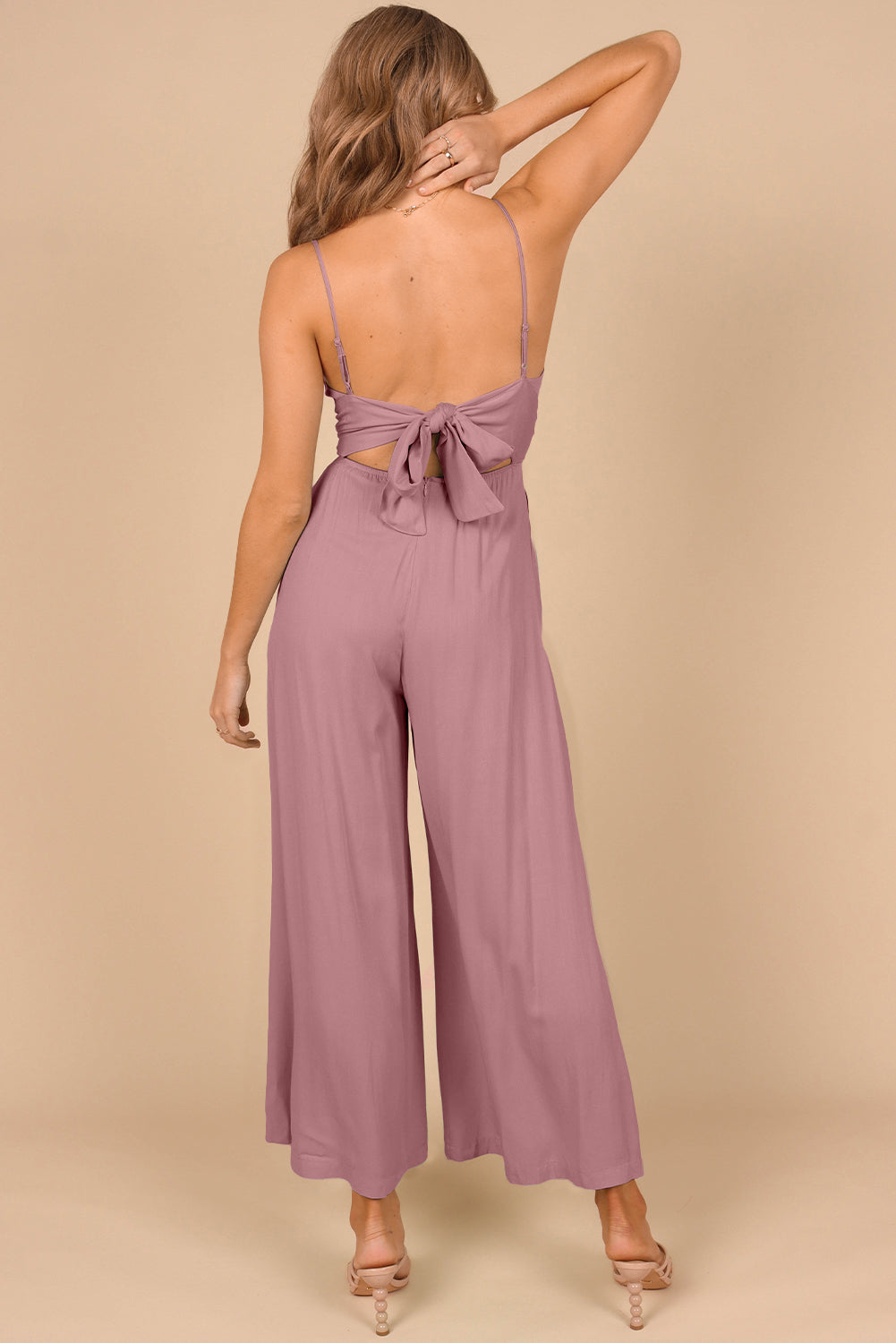 Black Spaghetti Straps Backless Knot Wide-Leg Jumpsuit