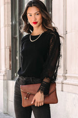 Black Sheer Lace Mesh Bishop Sleeve Top