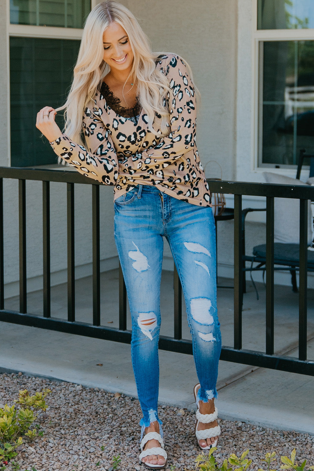 Leopard Print Lace Trim V Neck Top