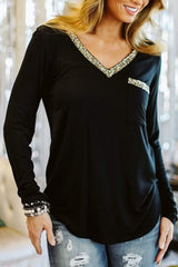 Black Glitter V Neck Chest Pocket Long Sleeve Top