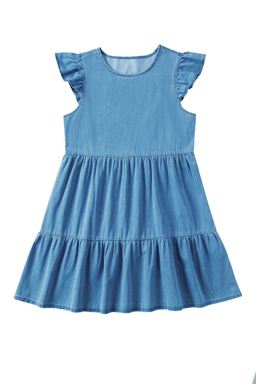 Sky Blue Crew Neck Flutter Tiered A-line Chambray Dress