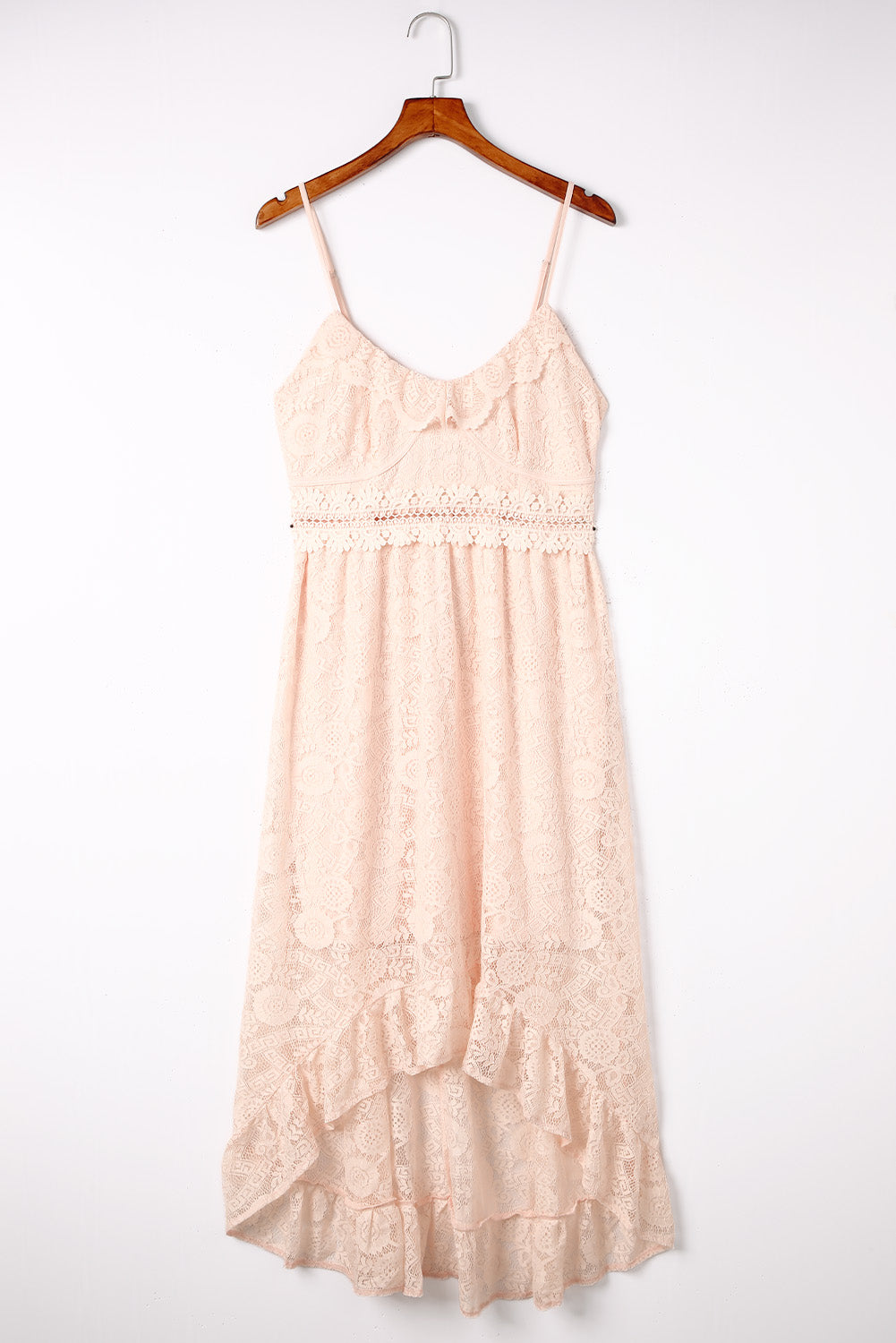 Pink Ruffle Trim Dip Hem Lace Midi Dress