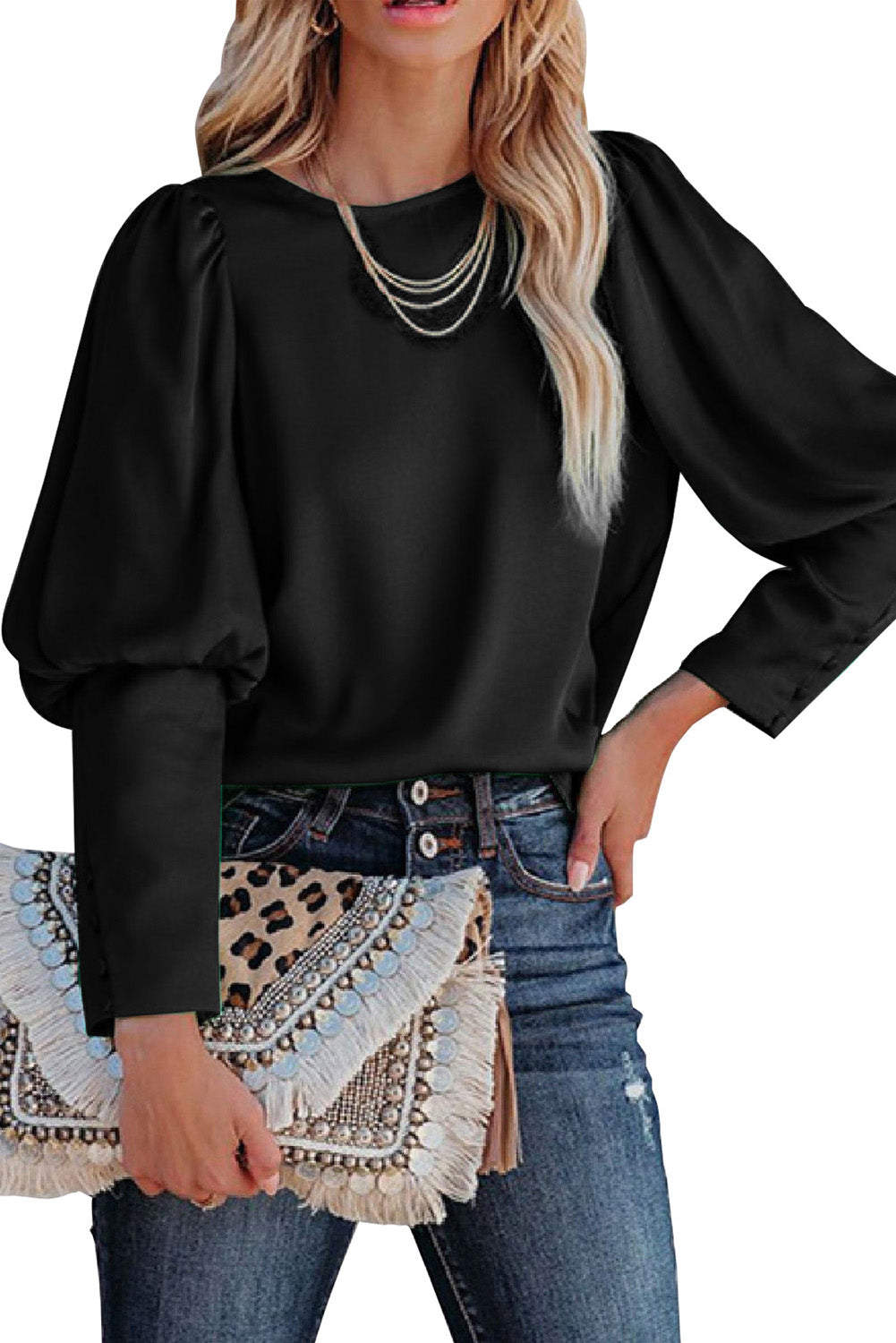 Black Satin Buttoned Cuffs Puff Sleeve Top