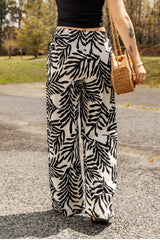 Apricot Tropical Leafy Print Drawstring Wide Leg Pants