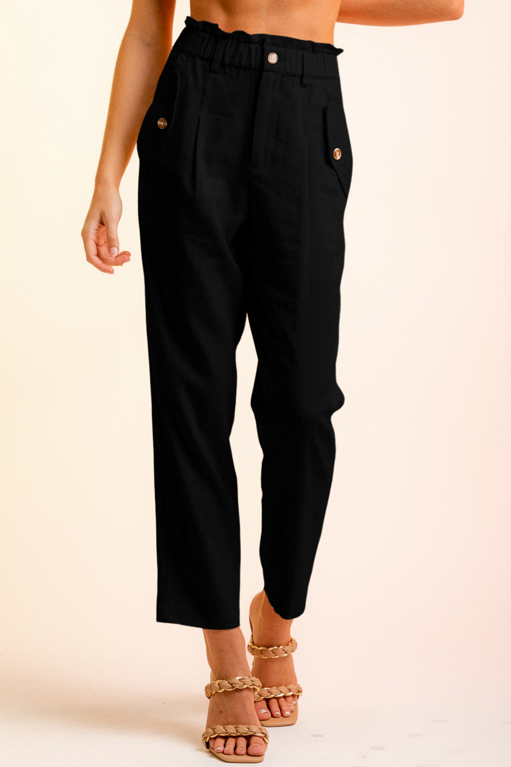 Brown Button Flap Pocket High Waisted Linen Pants