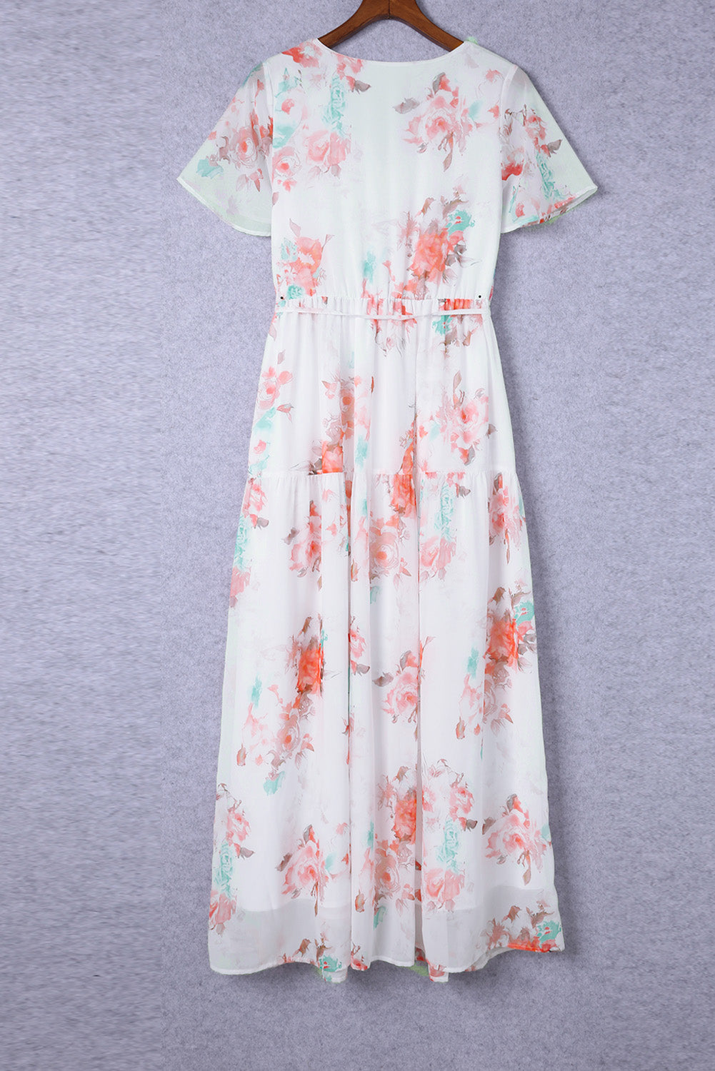 White V Neck Short Sleeves Floral Print Maxi Dress
