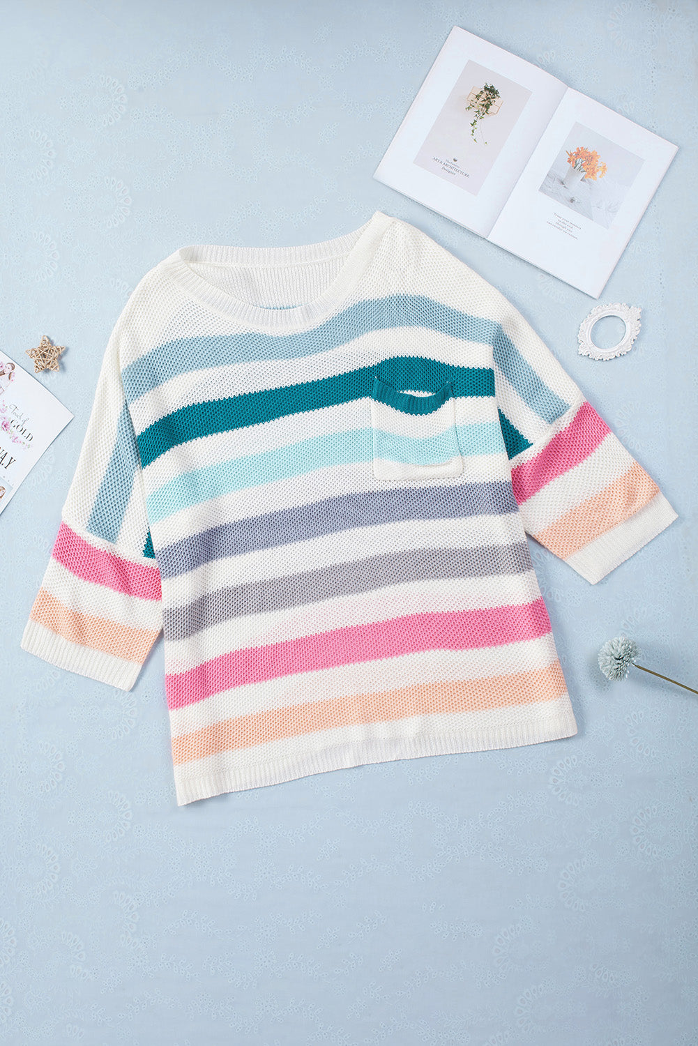 Multicolor Striped Knit Top with Chest Pocket