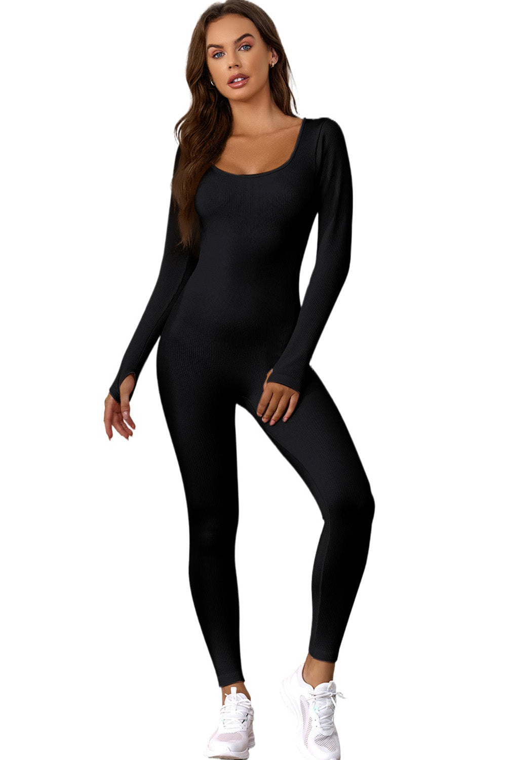 Black Scoop Neck Long Sleeve Seamless Yoga Jumpsuit