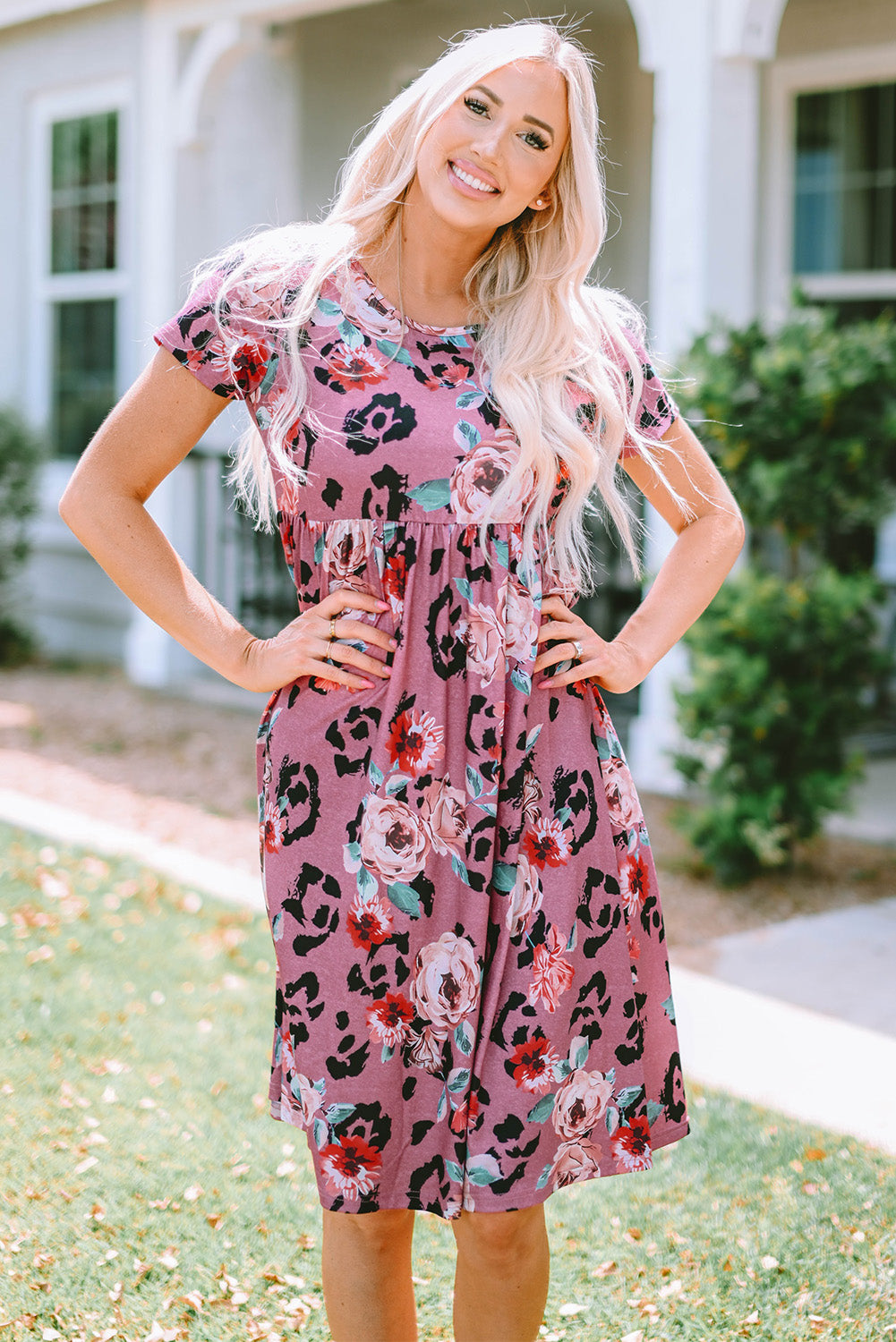 Red Leopard Print Short Sleeve A-line Dress