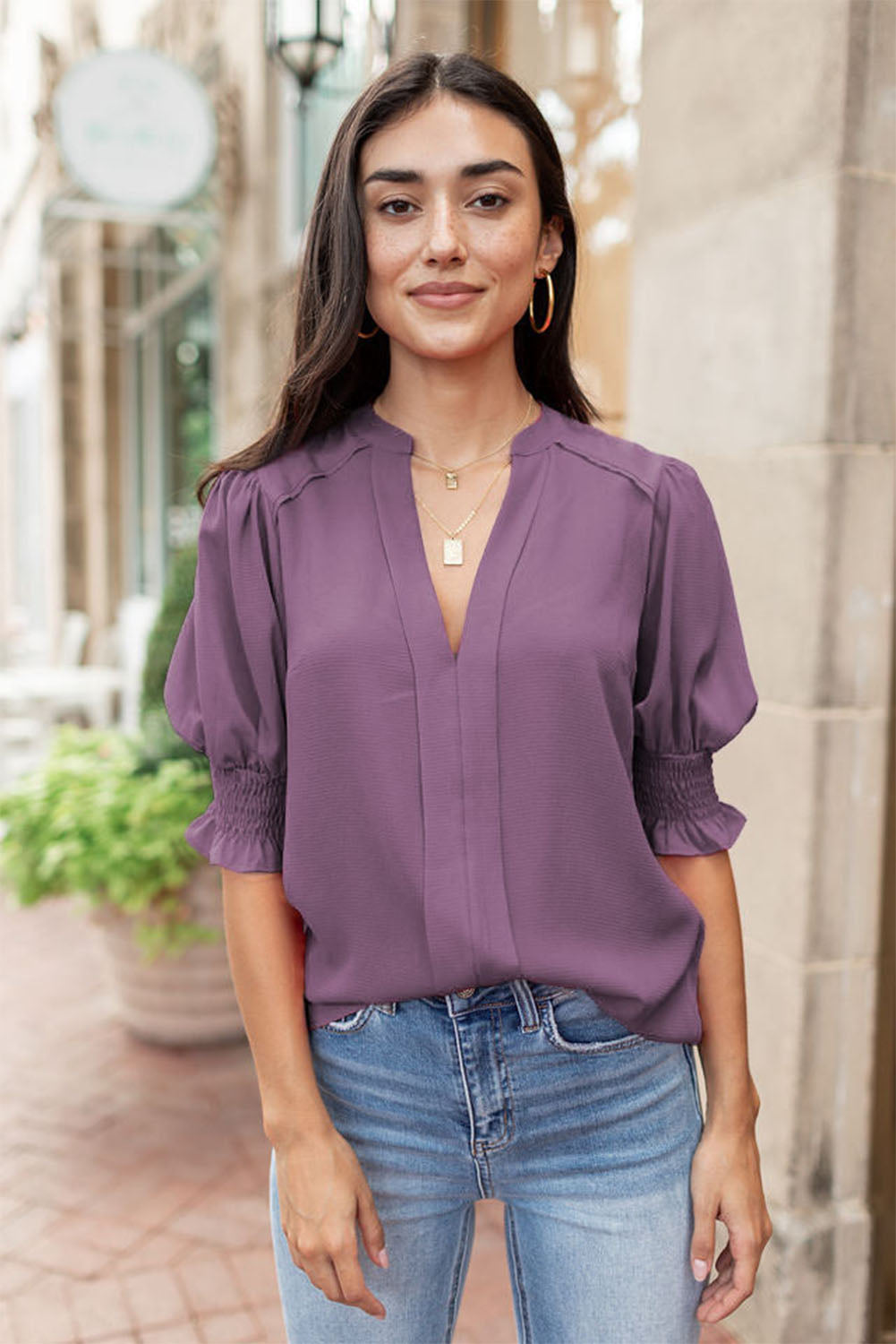 Red Solid Color Half Sleeve V Neck Blouse