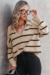 Khaki Striped Knit Collared Pullover Sweater