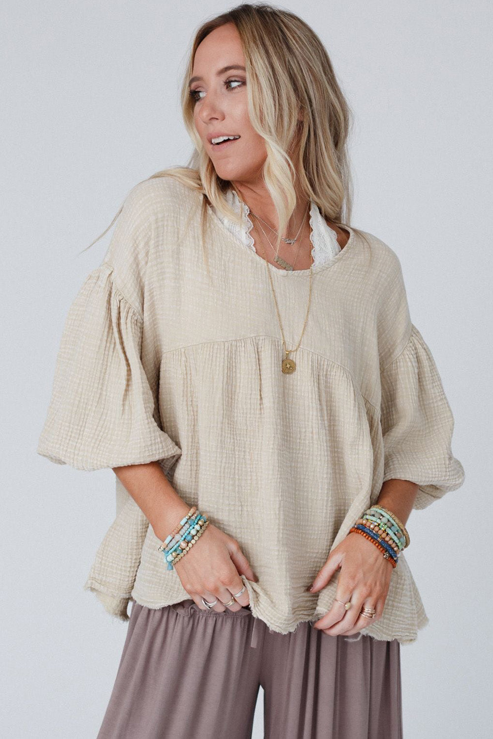 Beige Textured Bubble Sleeves Top