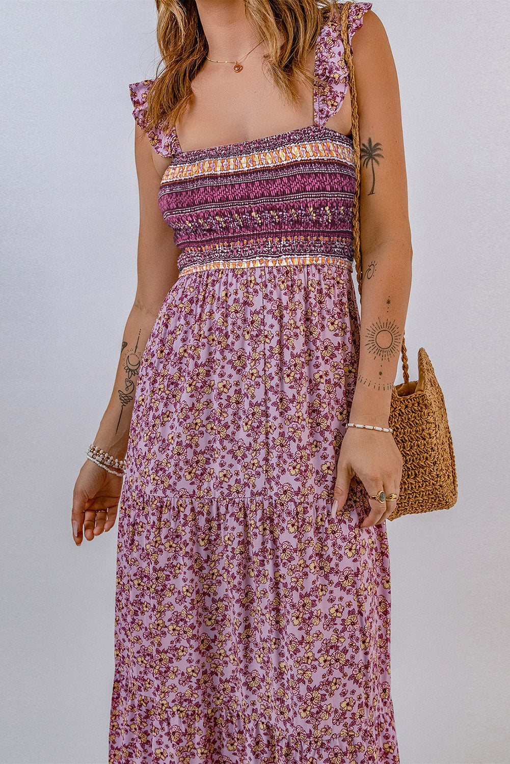 Pink Shirred Ruffled Sleeveless Floral Maxi Dress