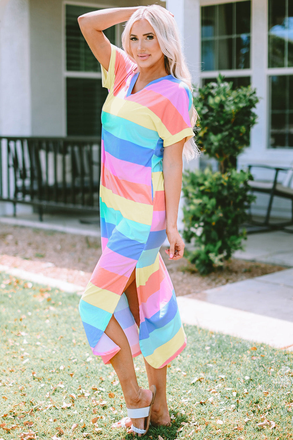 Multicolor Striped Print Tied Shoulder Flowy Tank Top