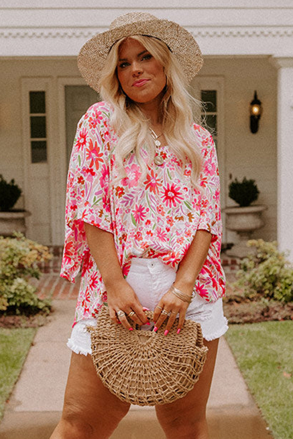 Pink Floral Ruffled Half Sleeve V-Neck Plus Size Blouse