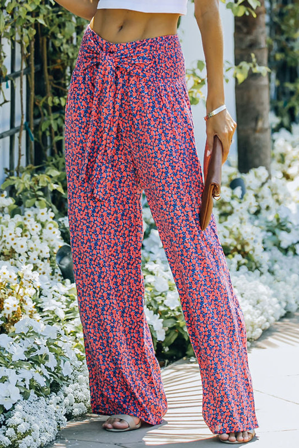 Ditsy Floral Print Tie Front Wide Leg Pants